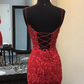 Dark Red Homecoming Dress, Corset Tight Short Mini Dress with Appliques      cg25035