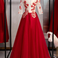 New Arrivals Burgundy Tulle 3/4 Sleeves Round Neck Lace Up Prom Dress With Applique  cg6539