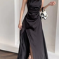 Spaghetti Straps Black A Line Satin Long Prom Dresses With Slit     cg25032