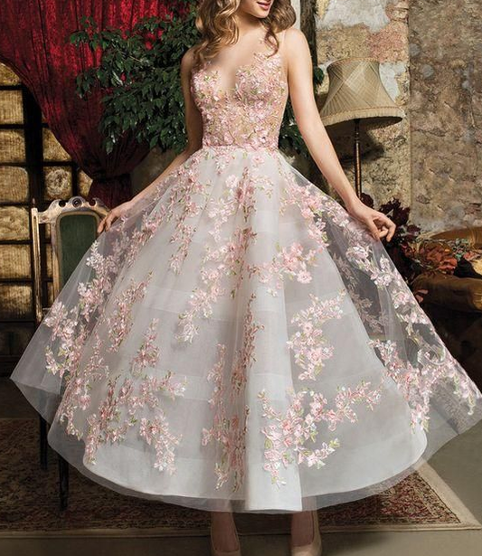 A-LINE DRESS WITH COLORFUL EMBROIDERED FLOWERS ,DEEP V EVENING DRESS,SHORT HOMECOMING DRESS ,COLORFUL BALL GOWNS cg1090