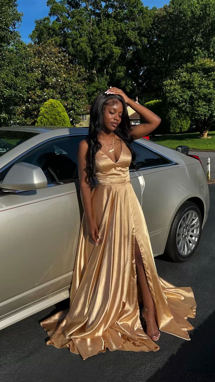 A Line V Neck Gold Sleeveless Satin Long Prom Dress,Formal Gown      cg24925