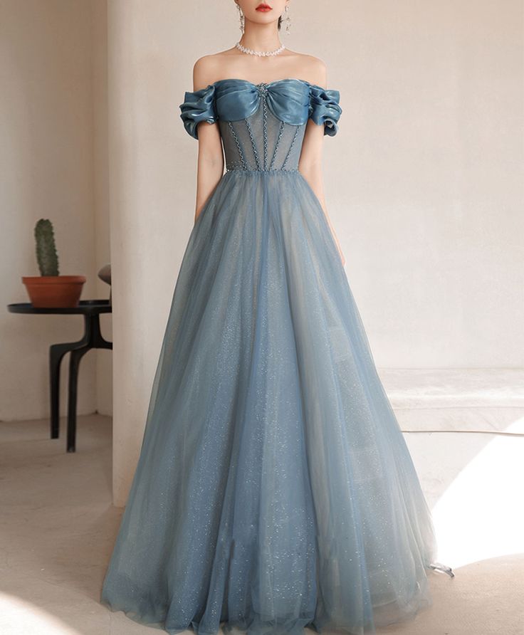 Blue Sweetheart Off Shoulder Tulle Long Prom Dress Blue Formal Dress    cg24989