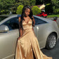 A Line V Neck Gold Sleeveless Satin Long Prom Dress,Formal Gown      cg24925