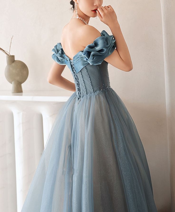 Blue Sweetheart Off Shoulder Tulle Long Prom Dress Blue Formal Dress    cg24989