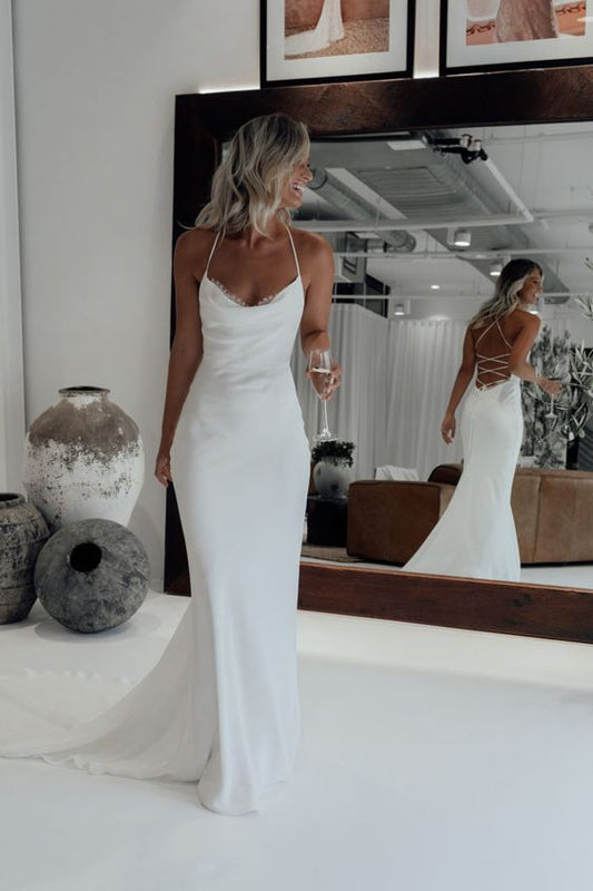 White Mermaid Wedding Dresses,Halter Satin Lace Bridal Wedding Gown      cg24905