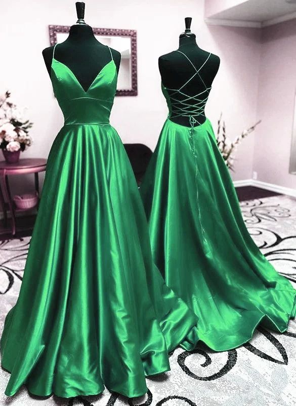 V Neck Green Backless Long Prom Dresses, Open Back Green Long Formal Dresses   cg24861