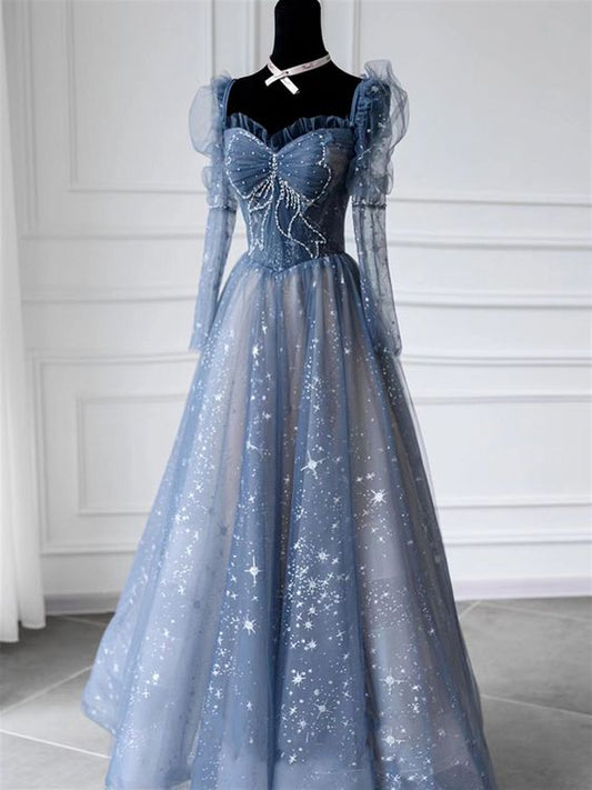 Blue prom dress long Fairy ball gown dress Long sleeves prom dress Sparkle rhinestone dress Romantic star print evening dress     cg24826