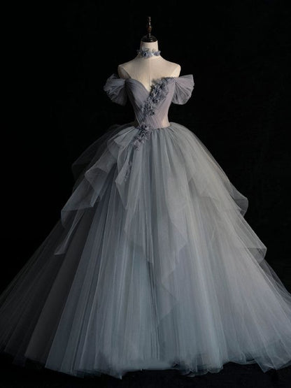 Gray sweetheart neck tulle long prom dress, gray evening dress      cg24834