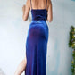 Sheath Floor Length Cowl Neck Velvet Royal Blue Prom Dresses with Slit   cg21580