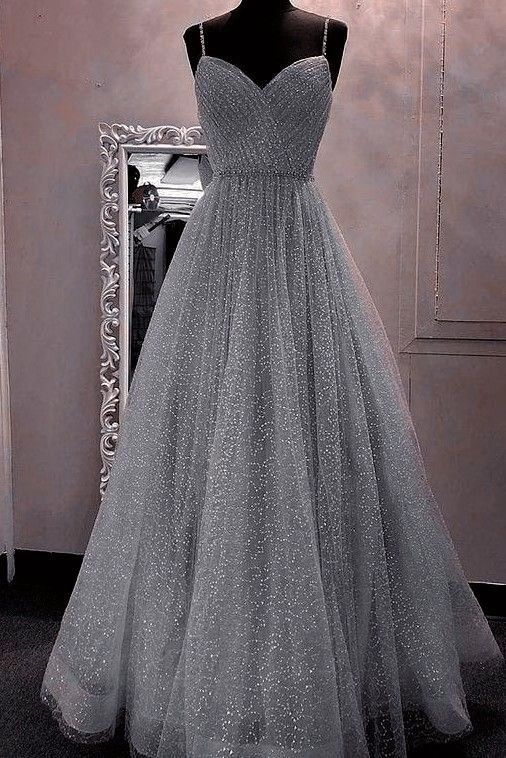 Gray tulle long ball gown dress A line evening dress   cg24942