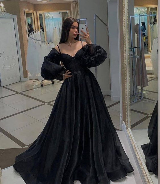 Black Long Sleeves Prom Dresses,Organza Formal Dresses,Party Dress with Train   cg24946