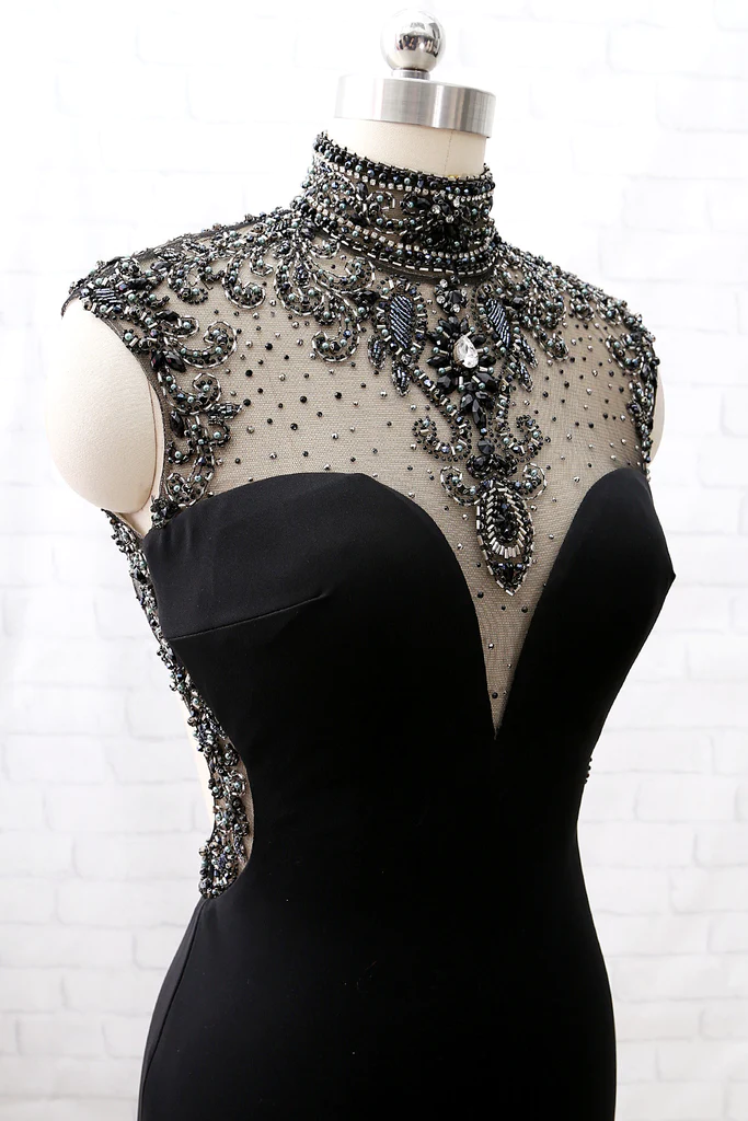 Mermaid High Neck Beaded Jersey Black Formal Evening prom Gown with Slit  cg6523