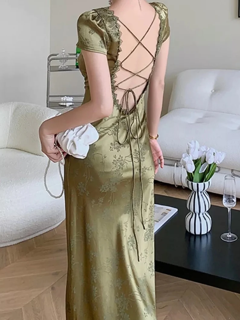 Elegant Women Green Satin Backless Mixi Dress Palace Short Sleeve Lace V-Neck Bandage Vintage Bodycon Evening Gown    cg24972