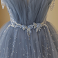 Blue Tulle Layers Straps Beaded Long Prom Dress, Blue A-Line Evening Dress     cg24964