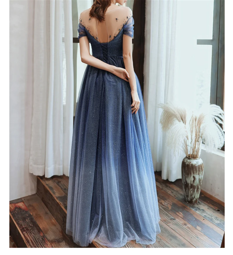 Blue Starry Prom Dress Glitter Evening Dress Deep V Bridal Dress    cg24947