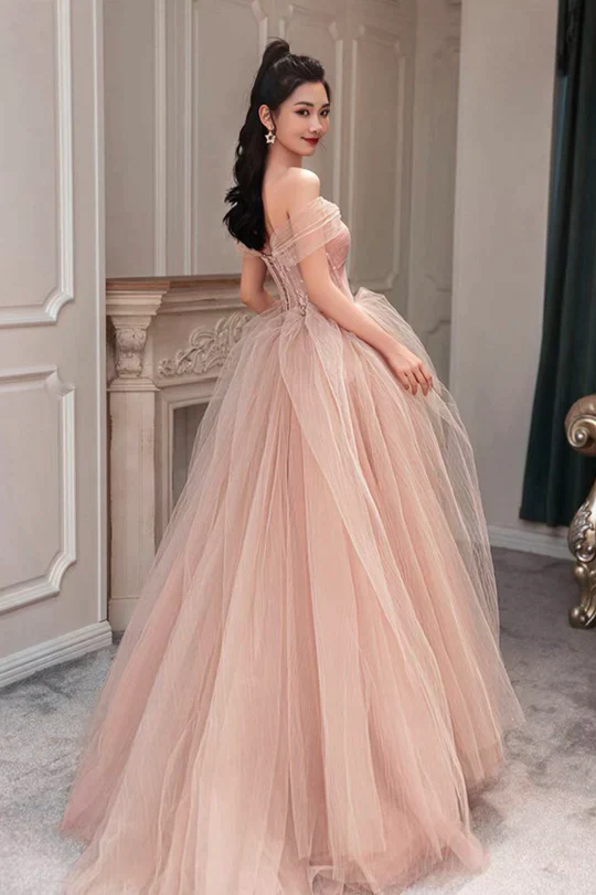 Pink Sweetheart With Lace Beaded Tulle Junior Prom Dress, Pink Long Formal Dresses    cg24960