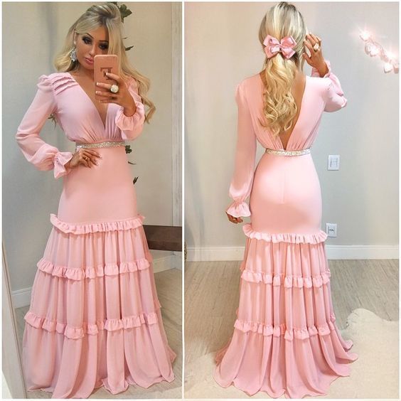 Pink Long sleeves Chiffon Prom Dress , Open Back Long Prom Dress   cg10026