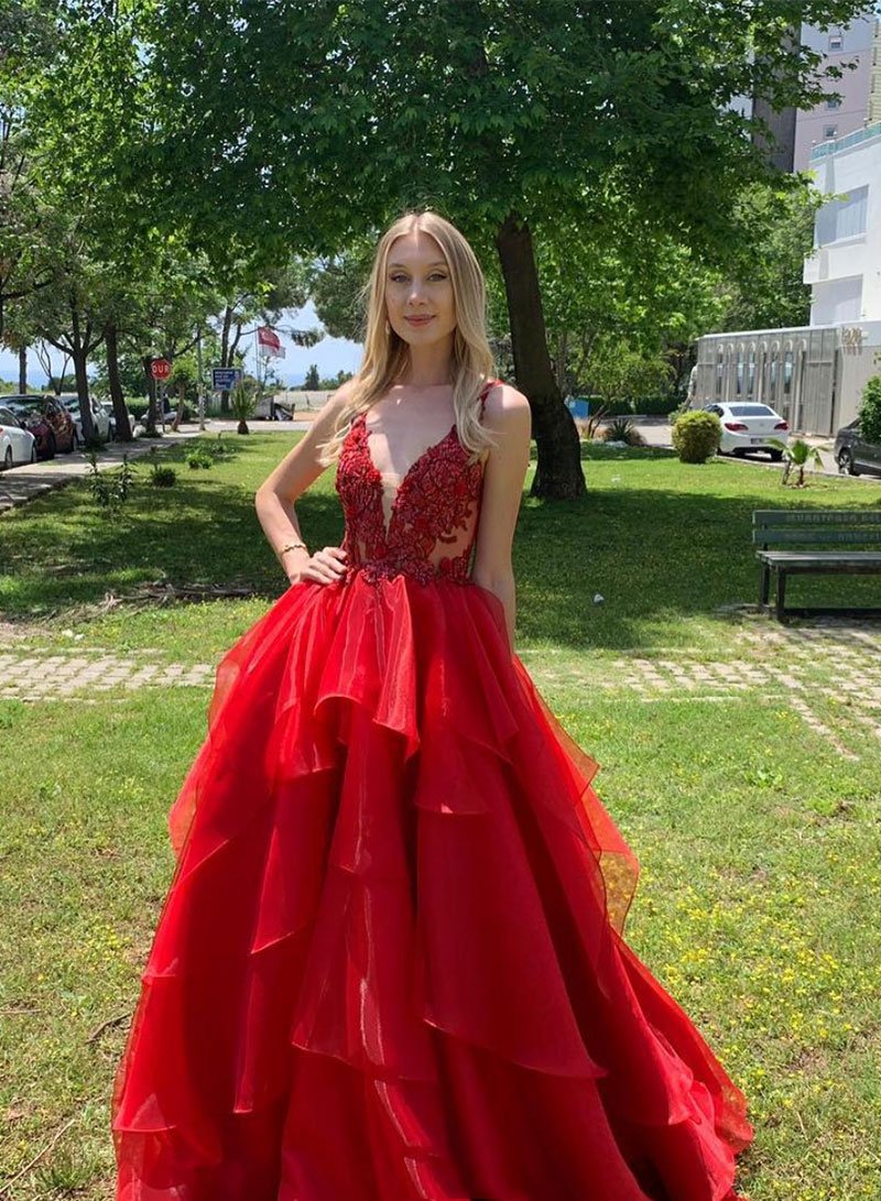 Red v neck tulle lace long prom dress, red evening dress cg1004