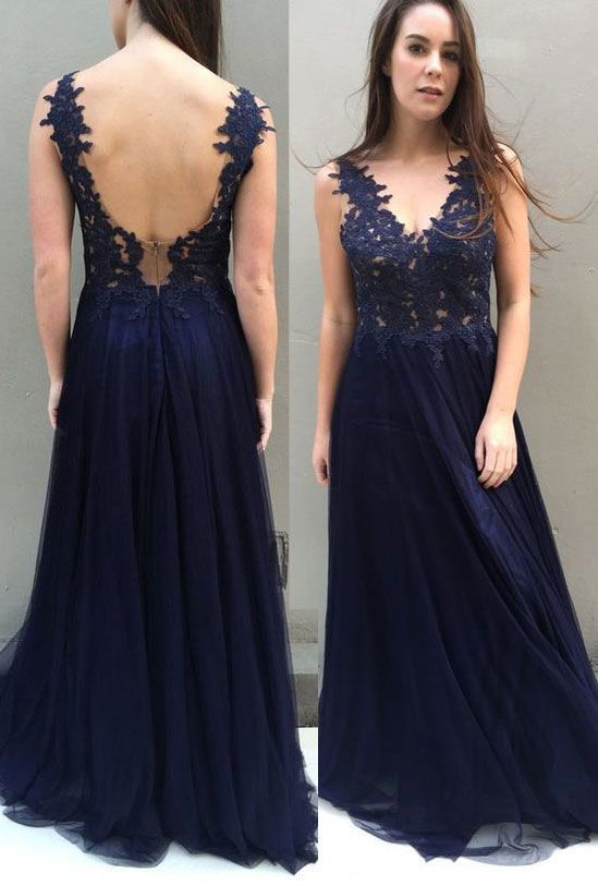 navy blue prom dresses, prom dresses backless, prom dresses with appliques   cg10059