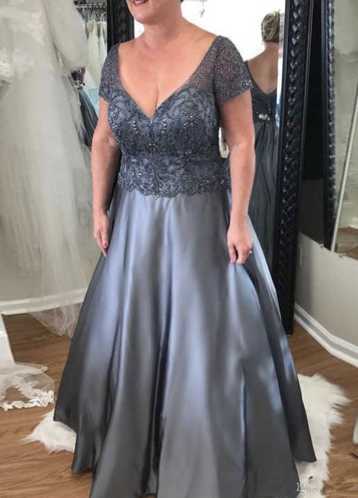 A Line V Neck Short Sleeves Mother's Prom Dress  cg10065
