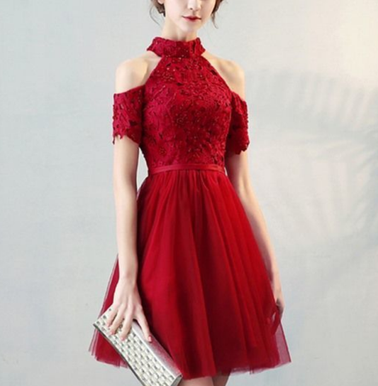 High Quality A Line High Neck Short Sleeve Knee Length Homecoming Dress   cg10076