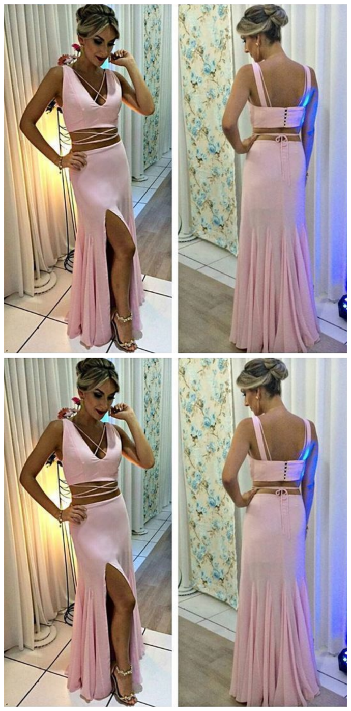 Beautiful Simple Pink Two Piece V Neck Slit prom dress   cg10079