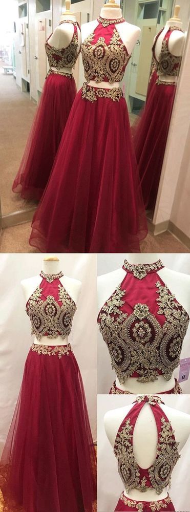 Sexy Burgundy Appliques Long Evening Dress, Halter Two Piece Prom Dresses   cg10131