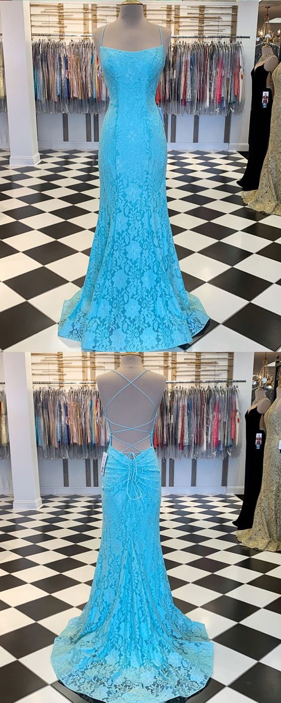 Spaghetti Strap Cyan Lace Mermaid Prom Dress   cg10191