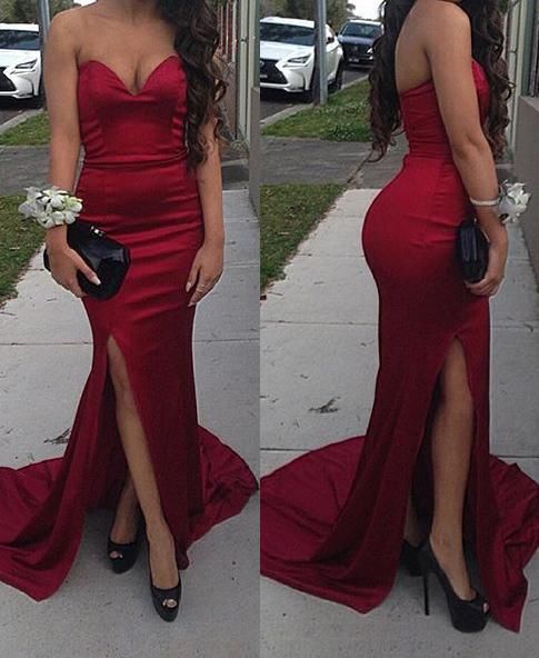 Sexy Trumpet/Mermaid Sweetheart Satin Side Slit Red Prom Dresses   cg10204