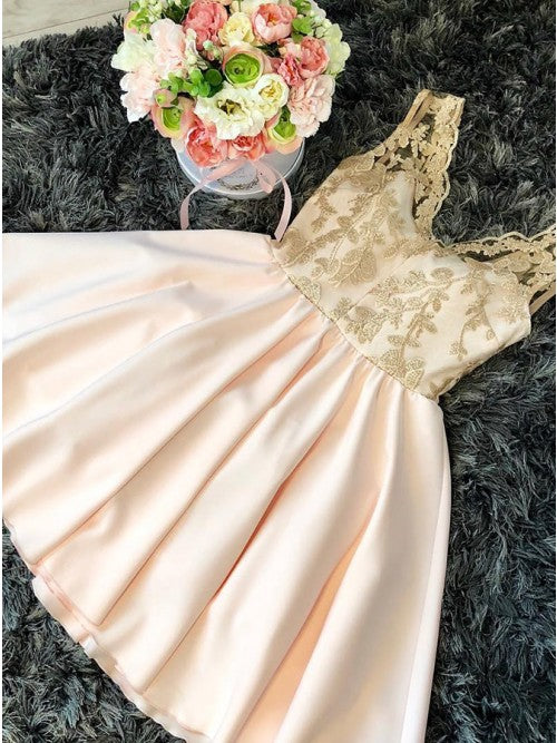 A-Line V-Neck Pink Satin Homecoming Dress with Lace   cg10253