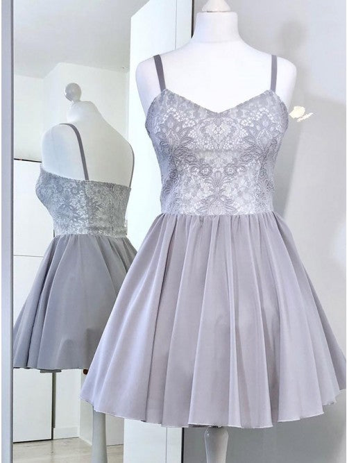 A-Line Spaghetti Straps Grey Short Homecoming Dress with Lace   cg10262