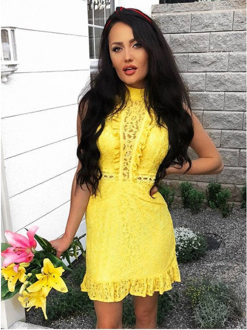 Sheath High Neck Yellow Lace Homecoming Dress   cg10290