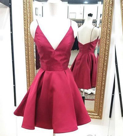 Burgundy A-line V-neck short party dress,homecoming dresses    cg10297