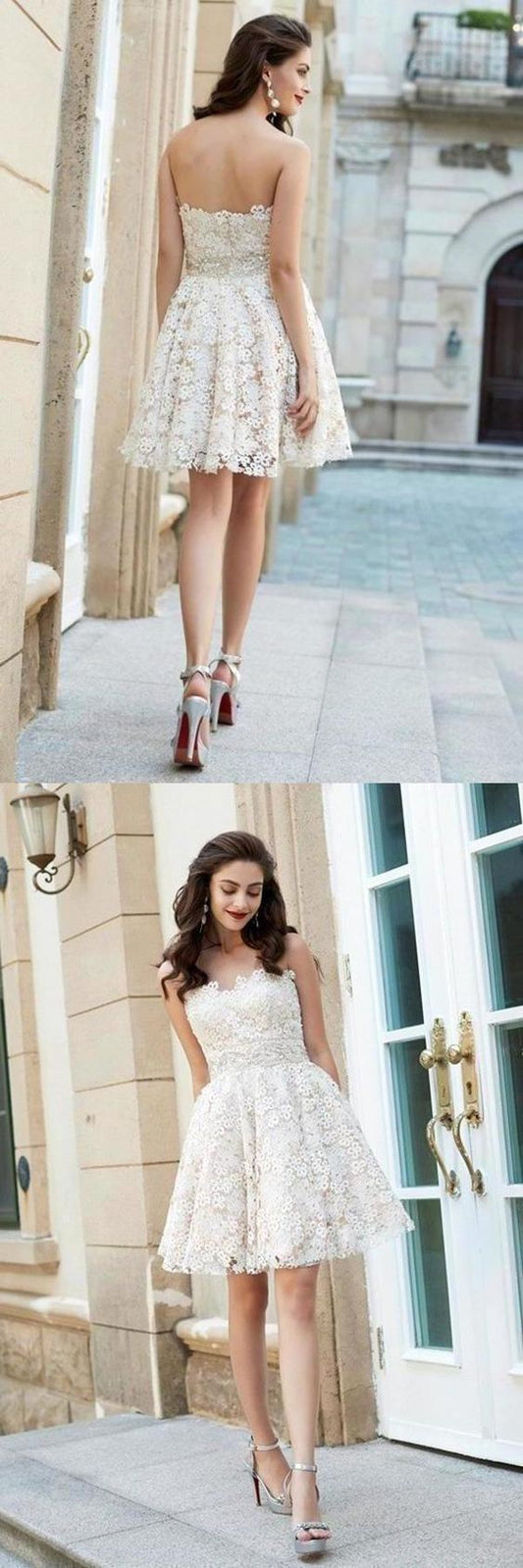 A-Line Princess Sweetheart Sleeveless Rhinestone Short Mini Lace Homecoming Dresses   cg10313