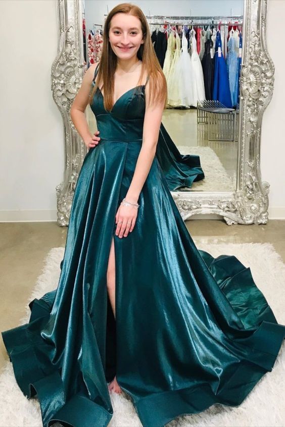 Turquoise Color with spaghetti straps and side slit prom dress   cg10342