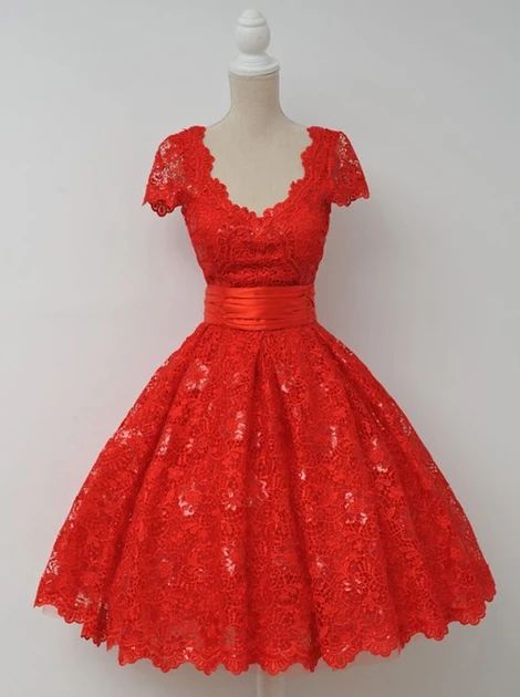 Vintage V-neck Cap Sleeves Knee-Length Backless Red Lace Homecoming dress   cg10365