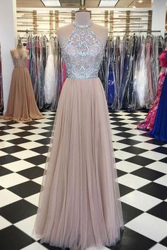 Champagne tulle beads long prom dress, champagne evening dress   cg10367