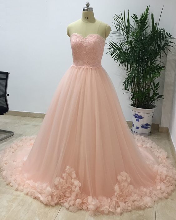 Princess Sweetheart Long Pink Tulle Senior Prom Dress With Applique    cg10409