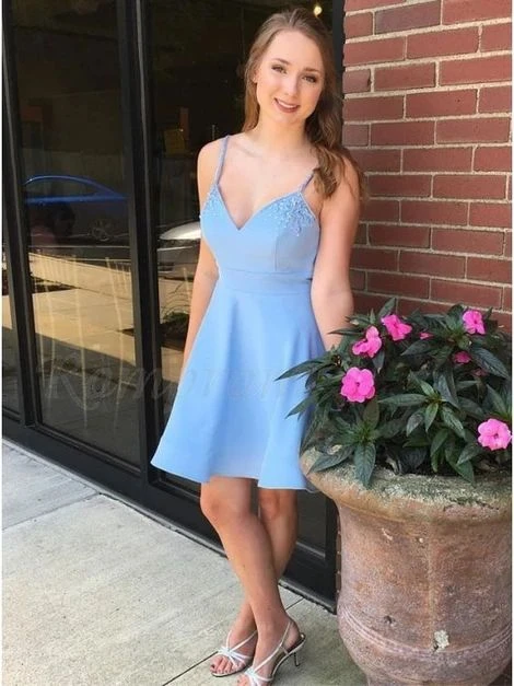 A-Line Spaghetti Straps Above-Knee Light Blue Homecoming Dress   cg10412