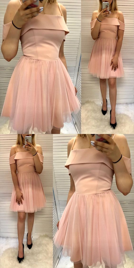 A Line Spaghetti Straps Pink Short Homecoming Dress With Ruffles cg1047