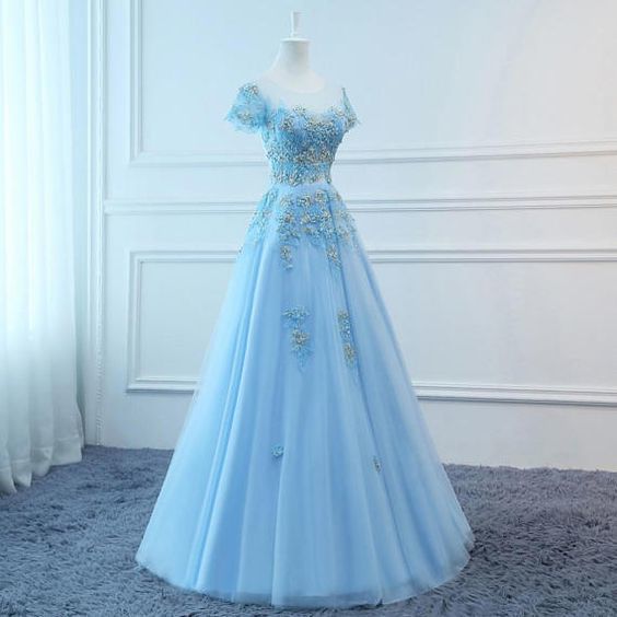Prom Dresses Long Blue Evening Dresses Foral Tulle Dress    cg10483