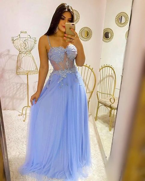 Charming Sexy Spaghetti Straps Chiffon Evening Party Dress,Blue Appliques Long Prom Dress  cg10521