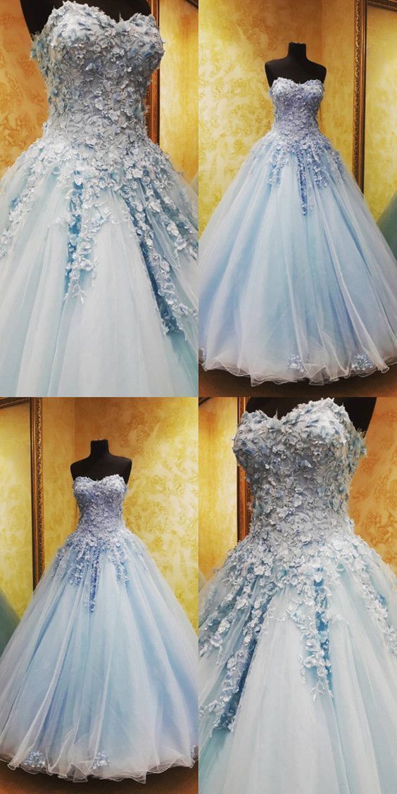 Charming Tulle Appliques Ball Gown Prom Dresses, Blue Quinceanera Dresses   cg10577