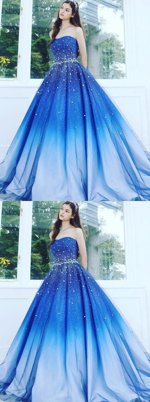 A Line Blue Strapless Sweetheart Ombre Sweep Train Ball Gown Beads Tulle Prom Dresses  cg1063