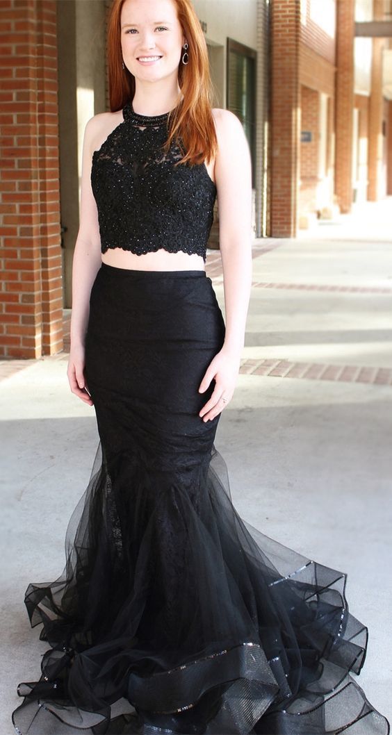 elegant halter black tulle prom dress with appliques, bodycon two piece evening dress with ruffles   cg10637