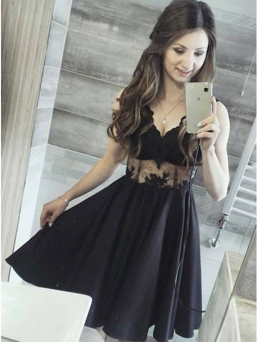 V neck Black Lace Short Homecoming Dress   cg10655