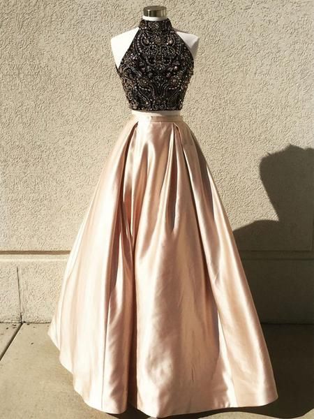 Gorgeous Two Piece Beaded Top High Neck Sleeveless Ball Gown Prom Dresses    cg10665