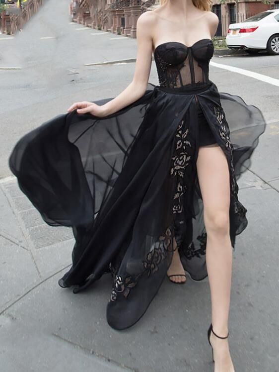 Black A line Backless Long Formal Dresses,Charming Strapless Lace Appliques Evening Gowns,Prom Dresses  cg10684
