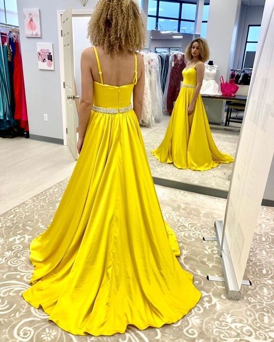 Sexy Yellow Slit Evening Dress, Spaghetti Straps Long Prom Dress   cg10765