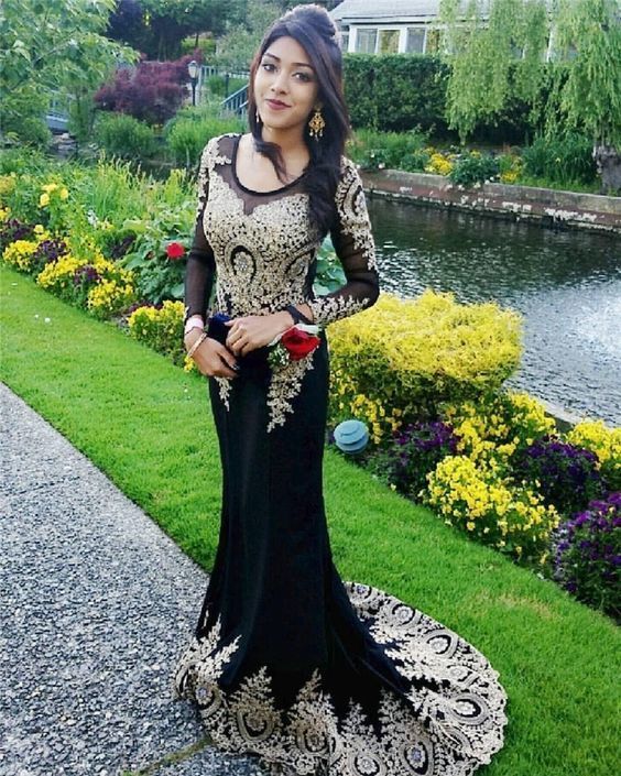 Lace Prom Dress Mermaid Evening Gown Formal ChiffonProm Gown Rhinestone Long Sleeve Evening Dresses   cg10775